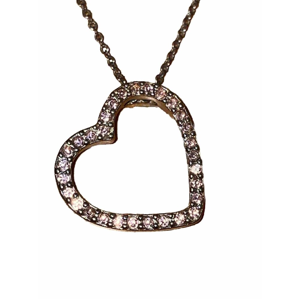 Vintage Monet Pink Rhinestone Open Heart Pendant Necklace Silver Tone Pave Chain
